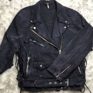 Free People Oversized Black Denim Moto Jacket